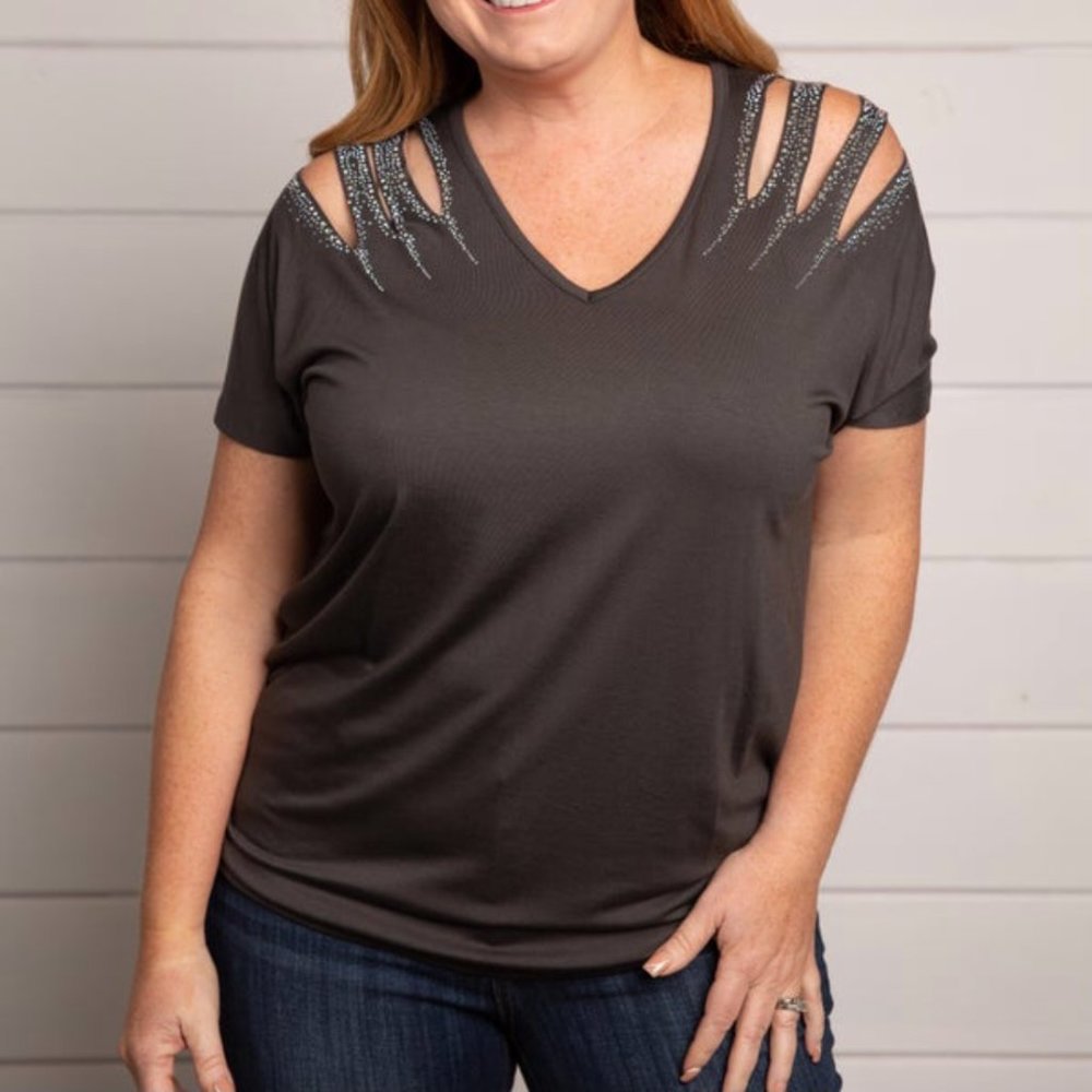 New Vocal Laser Cut Stone Shoulder Top M-L